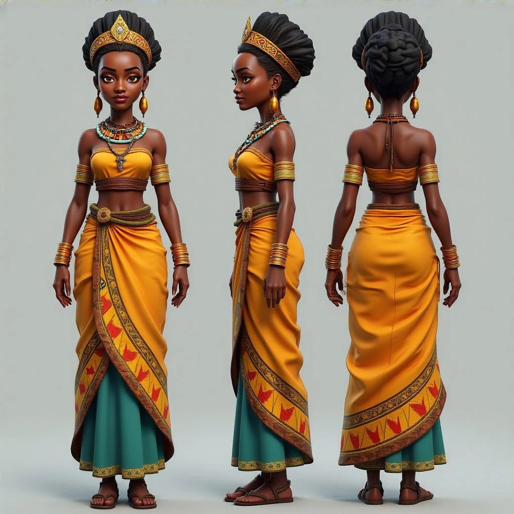 Create me a Stylized 3D Character Art of an beautiful African queen wearing traditional modern Ethiopian Habesha dress for a Strategy Game. Make it have a balance of realism and caricature. emoji