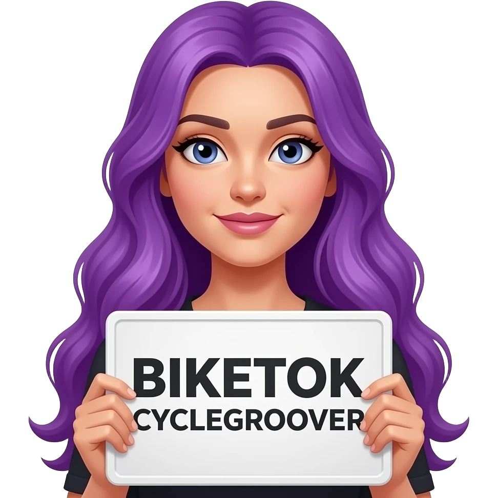 sexy girl with long purple hair holding a BIKETOK CYCLEGROOVER sign emoji