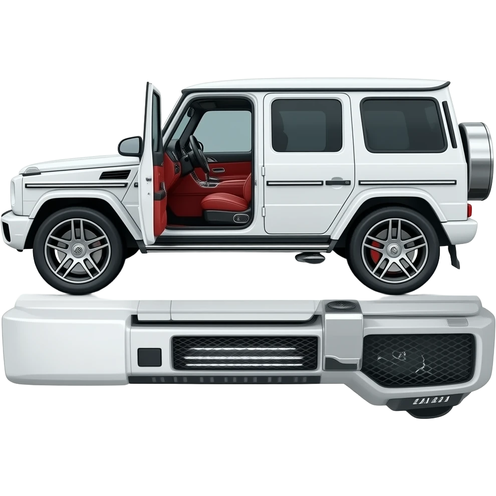 White 2025 Mercedes Benz G-Wagon truck side view with door open and red interior emoji