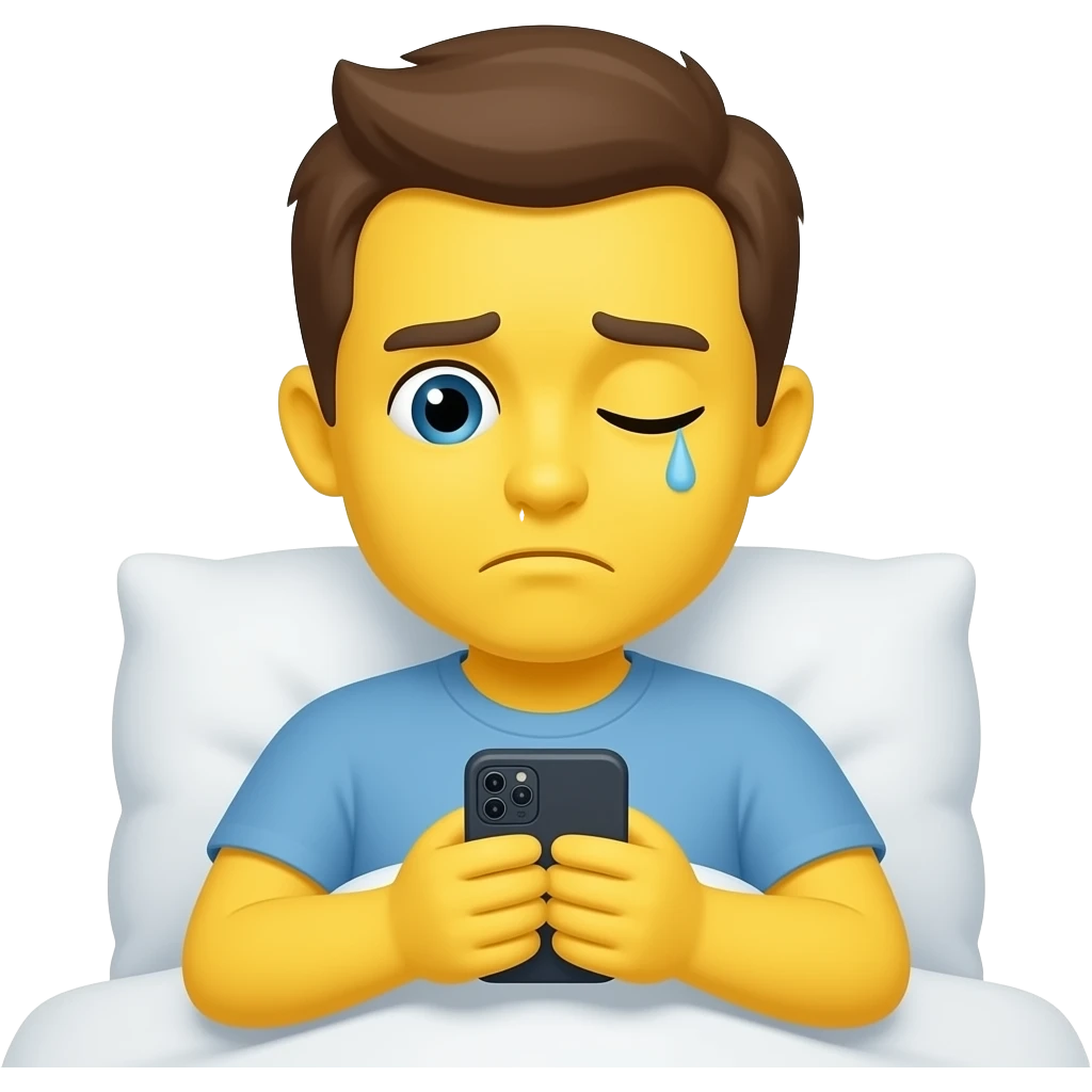 Yellow emoji face that looks tired with one eye open and one eye shut checking phone messages in bed emoji