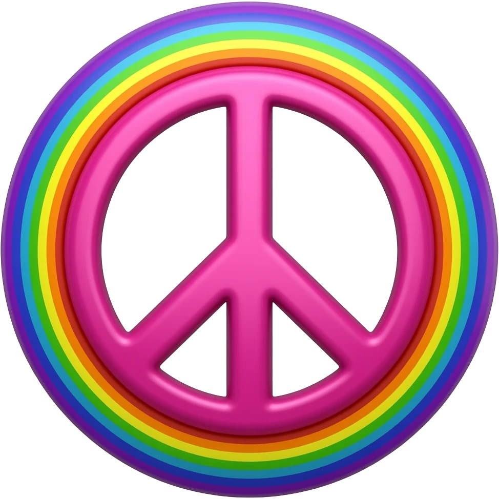 Peace symbol in bright vivid hot pink, in 3d style with all colors of the rainbow as a border outlined around each letter, isolated, 3d rendering, no emoji icons no emoji faces and must have no human figures emoji