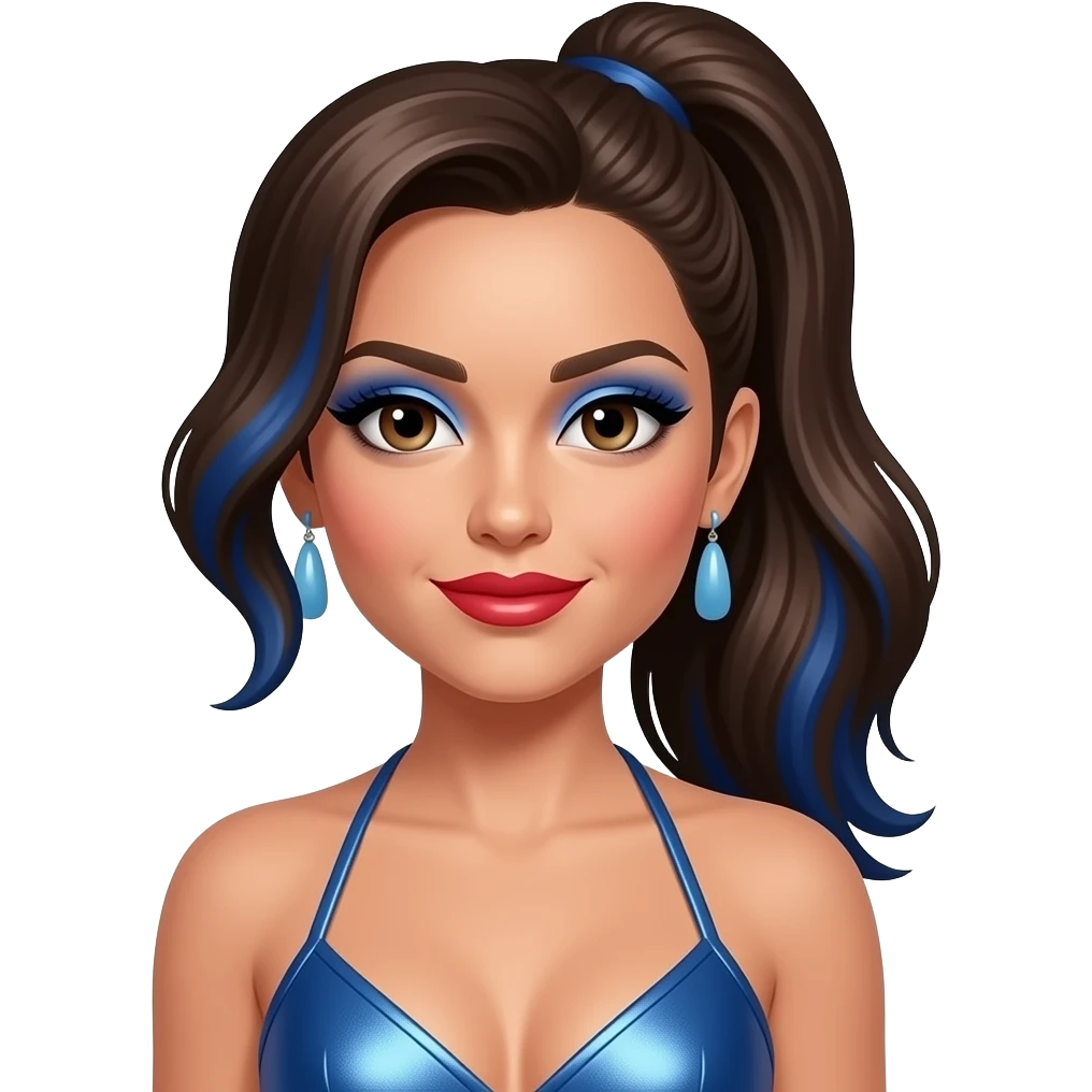 Melanie C from Spice Girls with hazel eyes, long dark brown high ponytail hair with indigo highlights, blue eyeshadow, red lipstick, blue metallic halter dress, light blue earrings emoji