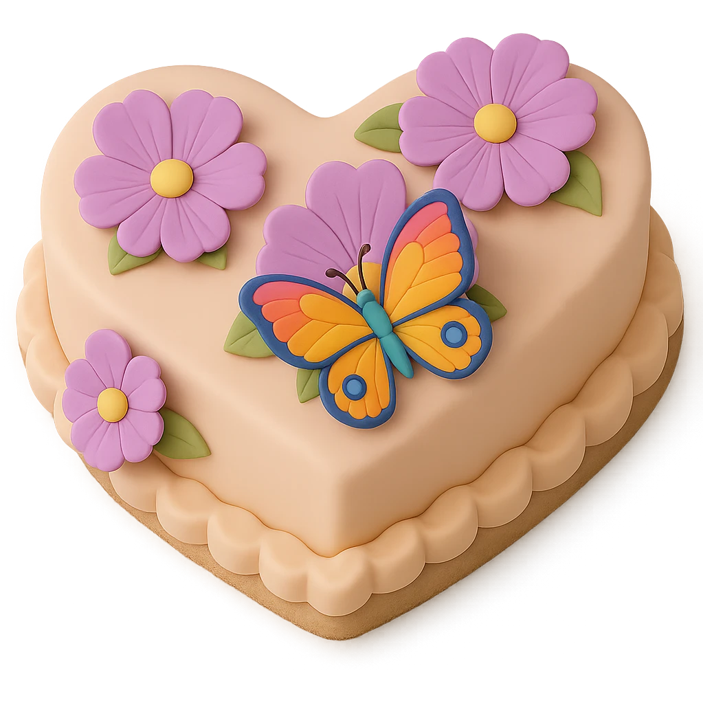 Add a colorful butterfly to the heart-shaped fondant cake with purple flowers, fondant cake art style, keep transparent background. emoji