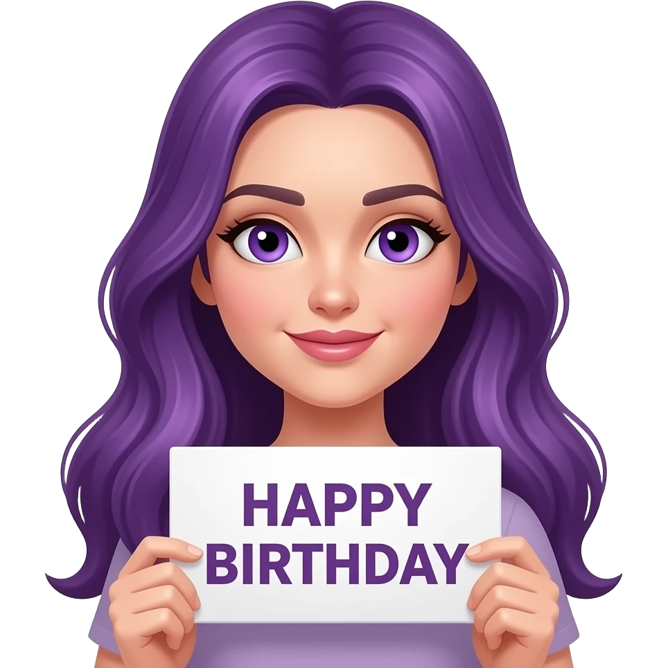 sexy girl with long purple hair and purple eyes holding a HAPPY BIRTHDAY sign emoji