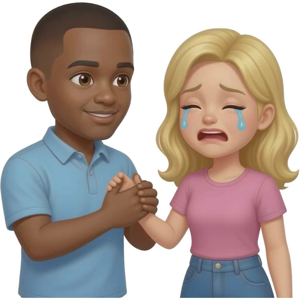 Black man with shaved saying goodbye to crying blonde girlfriend emoji