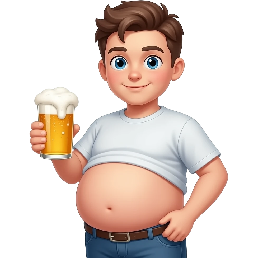 Zrób chłopak 15 latek z piwny brzuchem kształt jak piłka twarty brzuch i trzyma piwo emoji
