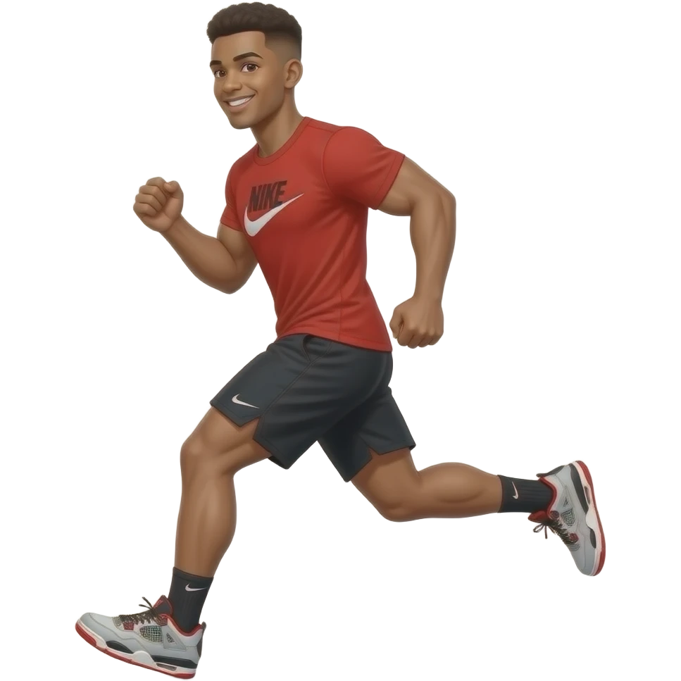 make me a 22 year old brown man with a thick brown low taper fade with a red nike shirt with black nike shorts and jordan 4 shoes with nike socks smiling and looking back while running with good muscles emoji