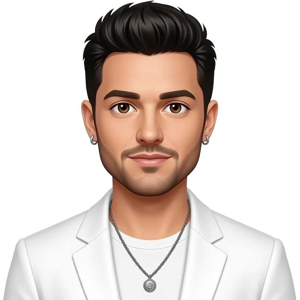 AJ McLean from Backstreet Boys with brown eyes, black hair and short beard, white pop outfit, necklace and earrings emoji