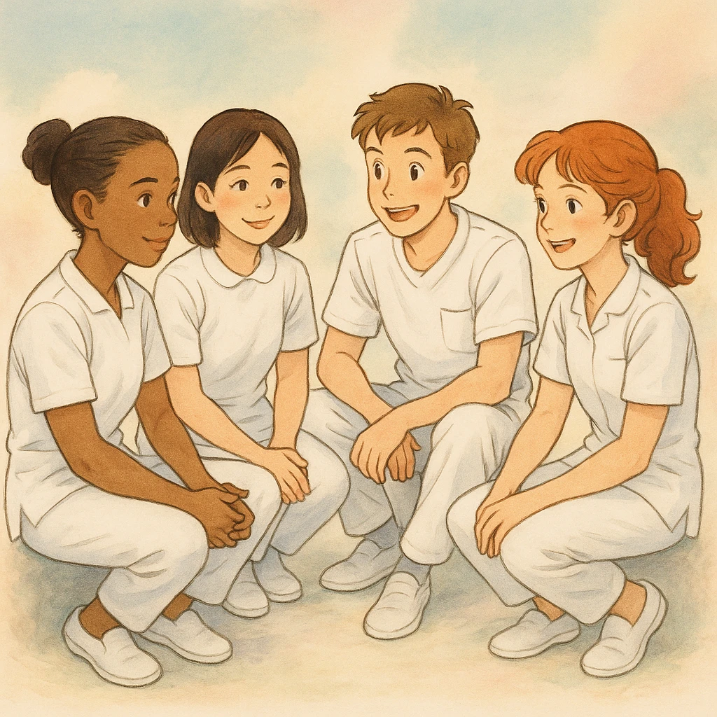 Four nursing students inspired by the faces of four photos, wearing complete white short-sleeve uniforms (visible arms), no stethoscope, sitting in a circle without touching, friendly and warm atmosphere, Ghibli style, pastel background. emoji