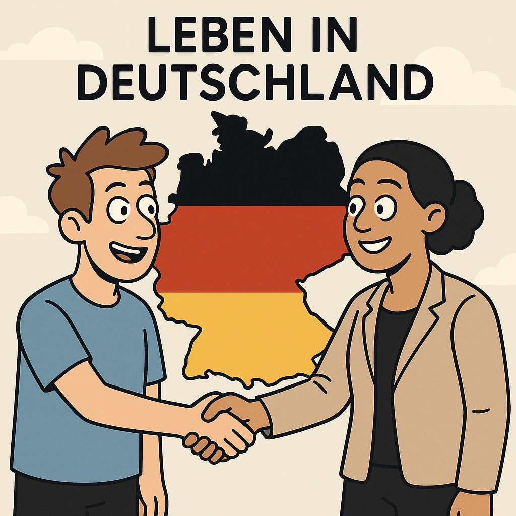 flat minimal style icon for 'Leben in Deutschland' app showing two people shaking hands over map of Germany using German flag colors black red gold emoji