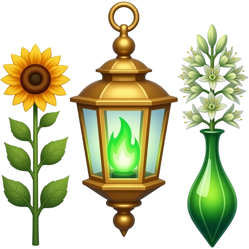 A golden hanging lantern with a bright emerald flames, an empty loop on top, fae themed sunflower on the left and fully bloomed asphodel on the right as part of the lantern design, but simple focus more on the green flames, paint the glass more green, have its bottom point come to some sort of point emoji