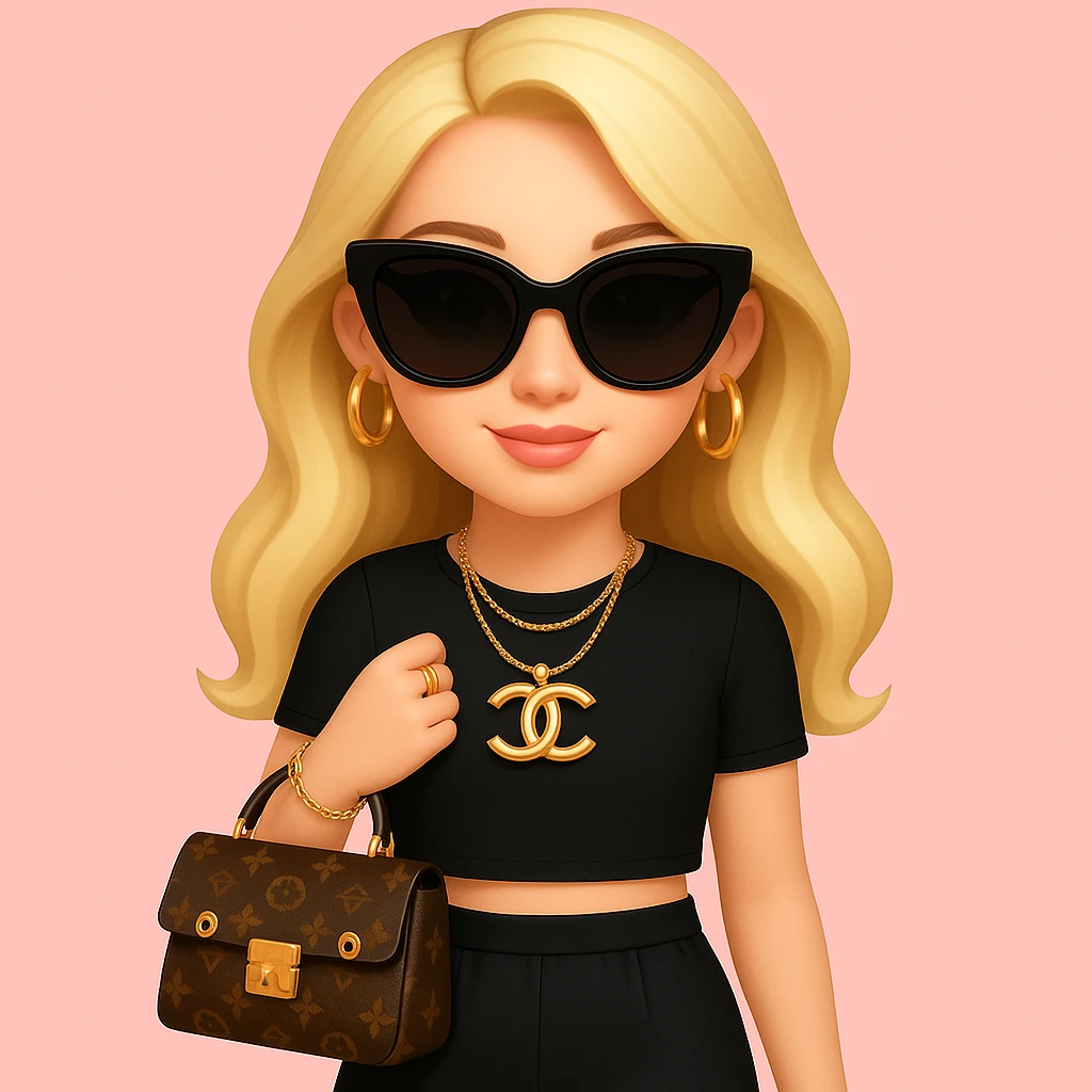Add stylish black sunglasses and gold jewelry including earrings and a necklace to the girl. Keep the pink background and outfit unchanged. Maintain the original style and details of the girl while adding these accessories. emoji