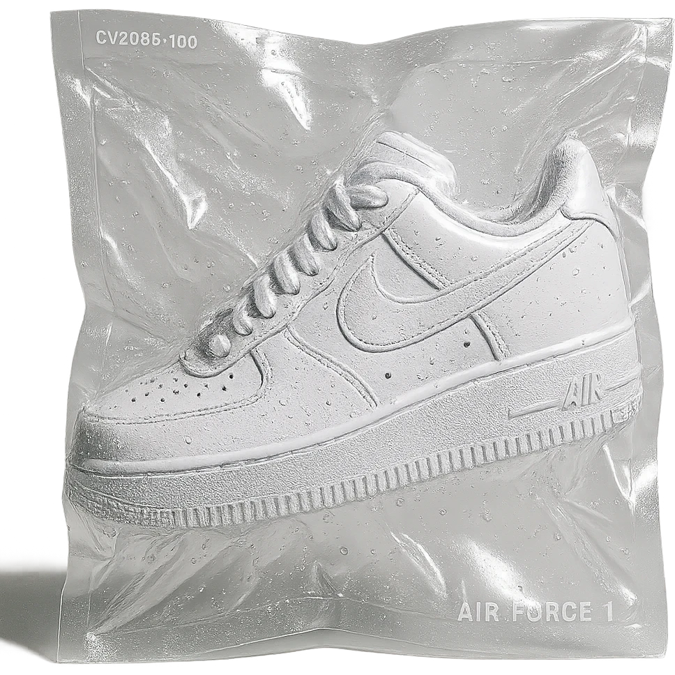 vacuum-sealed white Air Force One sneaker, compressed and shiny, glossy, tightly wrapped, reflective emoji