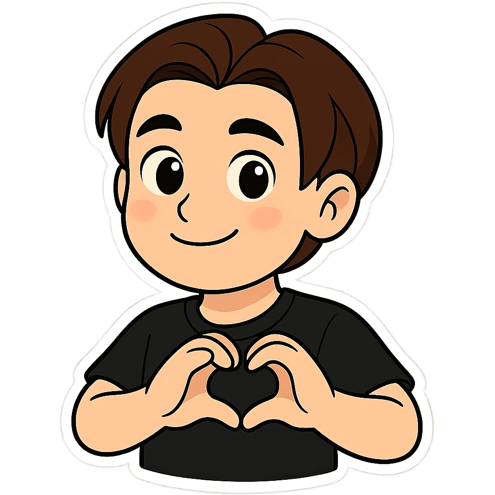 A cartoon man matching the reference image, making a heart shape with both hands. He wears a plain black t-shirt with no spots. Style: chibi stickers. emoji