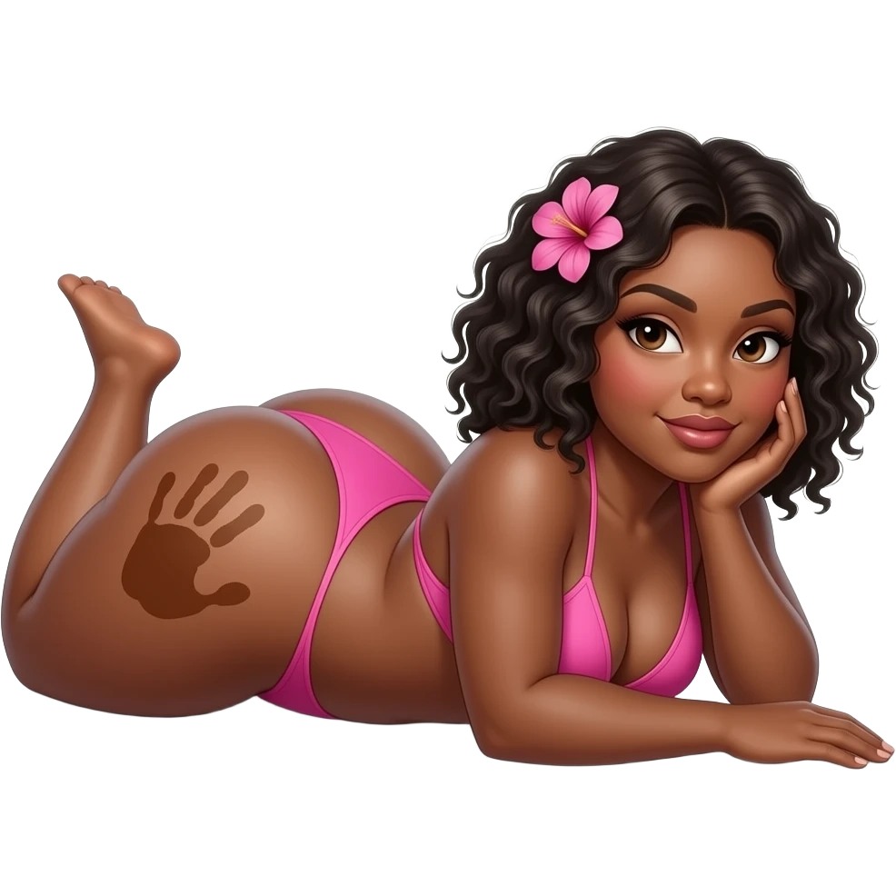 African extremely obese big booty bbl showing back its pink bikini massive thighs while wearing a pink flower on its head while laying front while putting on  her hands on the floor and the camera is facing at her left buttock an brown hand print on left buttock emoji
