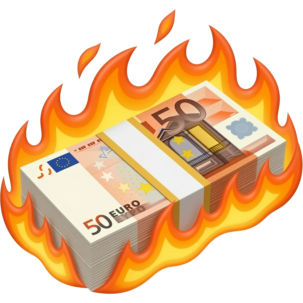 thick stack of €50 euro banknotes dramatically burning with stylized flames. The flames are vivid orange, yellow, and subtle white highlights, wrapping around the cash in a dynamic way. The money stack is angled in perspective with crisp layered bill edges, glossy shading, Transparent background emoji