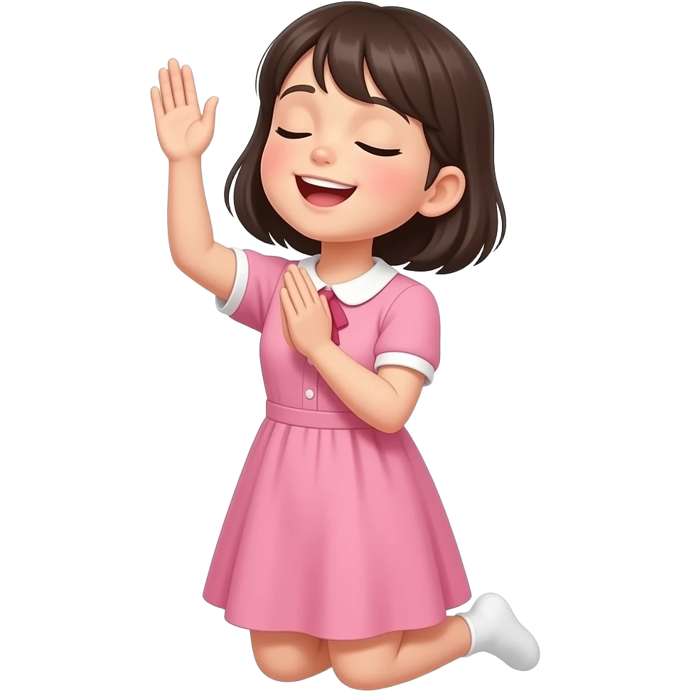 chica con vestido color rosa, de cabello oscuro y corto, orando de rodillas con los ojos cerrados y manos elevadas al cielo emoji