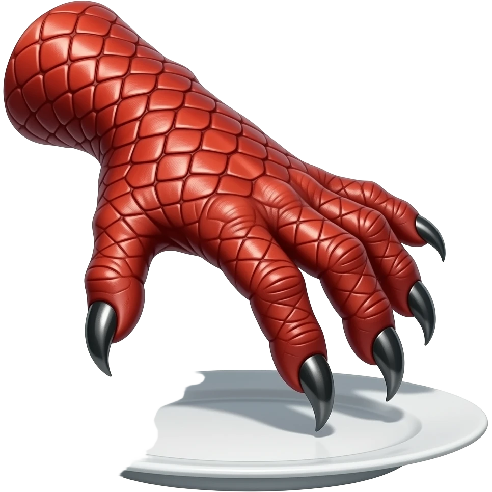 hand with red scales and black hooked claws pressing on a plate emoji