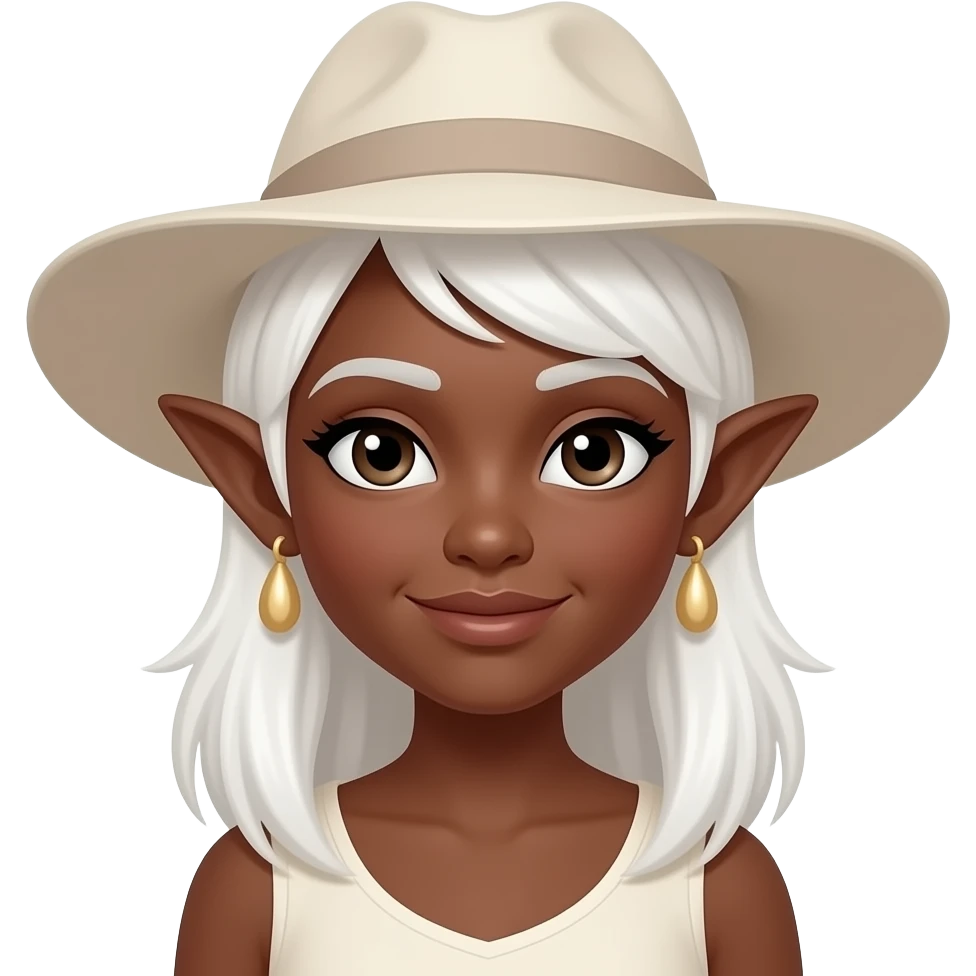 black skinned fairy with white hair beautiful and hat and earrings emoji