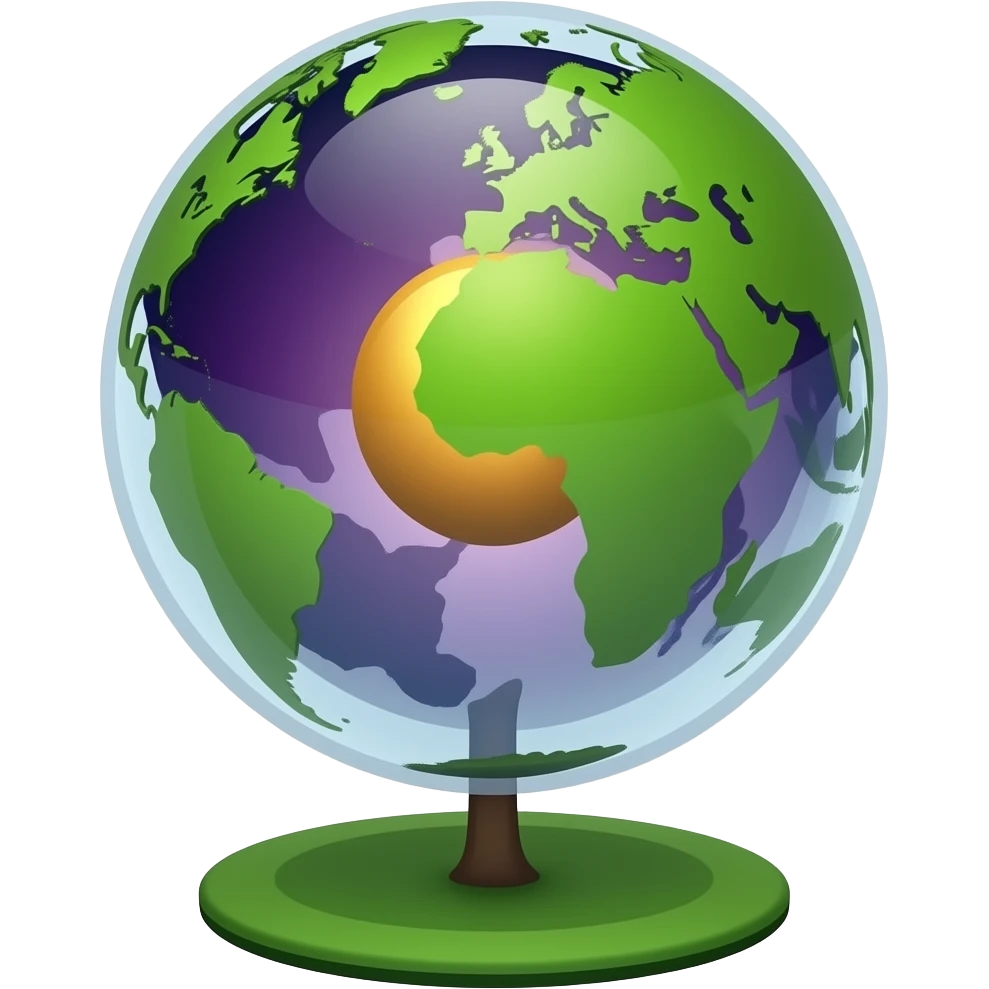 Earth: “Stylized earth globe with rich green land and deep purple accents, golden yellow core, grounded element symbol, flat mystical vector” emoji