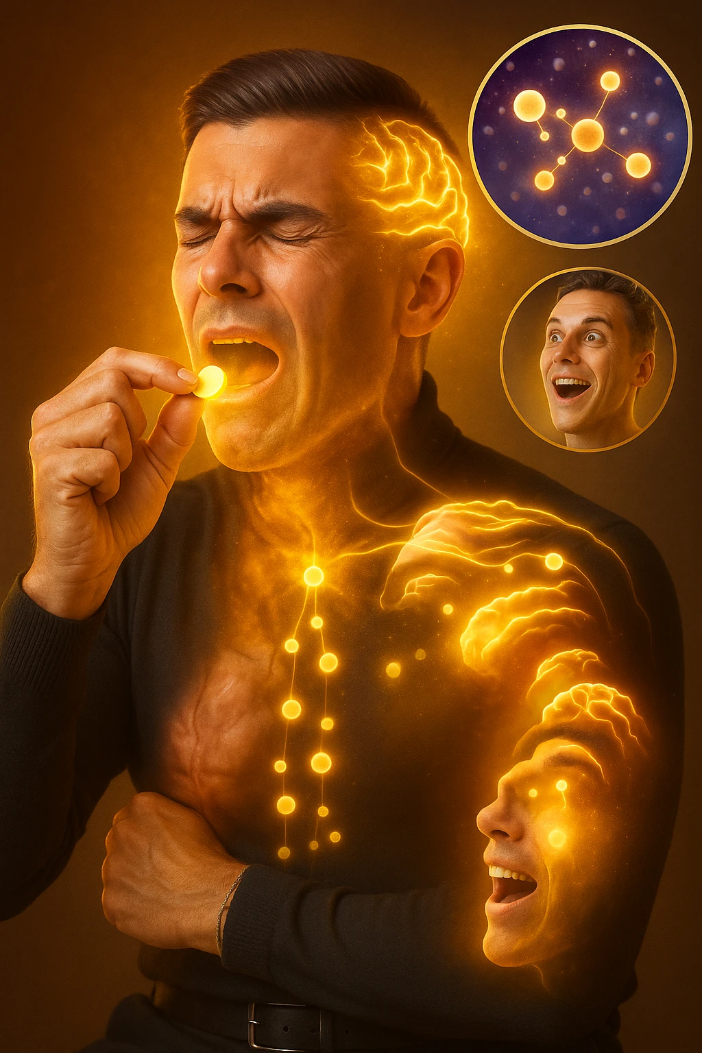 "Man taking simple sugar tablet believing it's powerful medicine, golden healing light emanating from pill as it dissolves, his chronic pain visibly dissolving as relief spreads across his face, expression transforming from suffering to amazement, brain chemistry changing through pure belief, microscopic view showing endorphins releasing purely from expectation, body healing itself through mind's conviction" emoji
