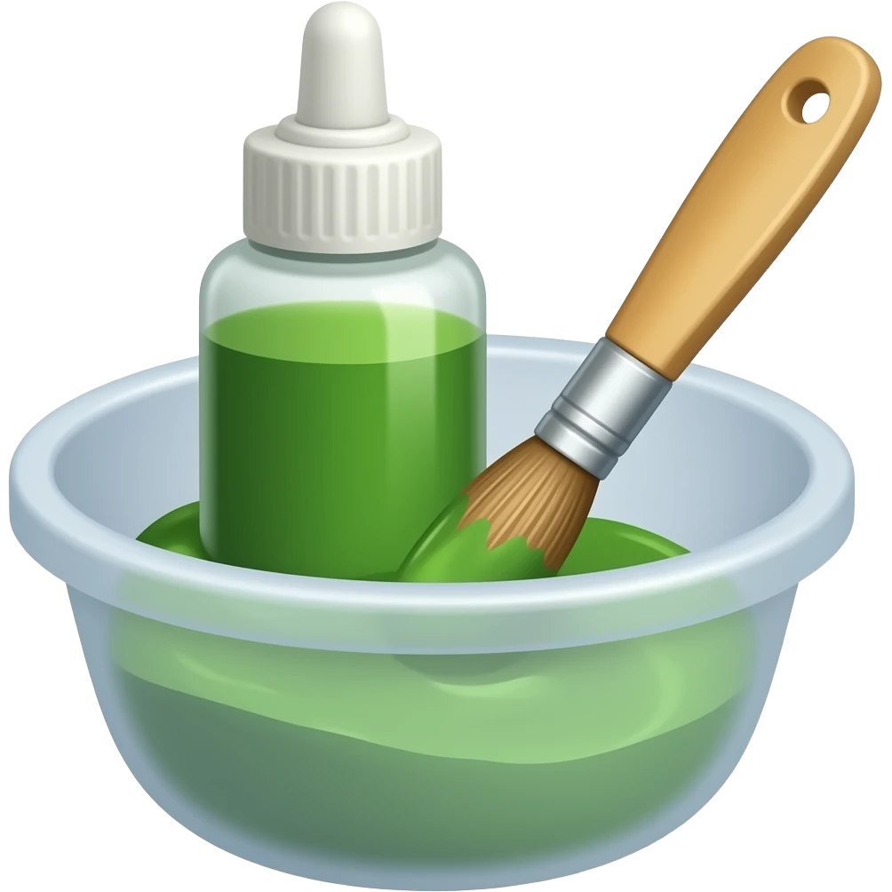 shallow plastic bowl with green paint and brush in it emoji