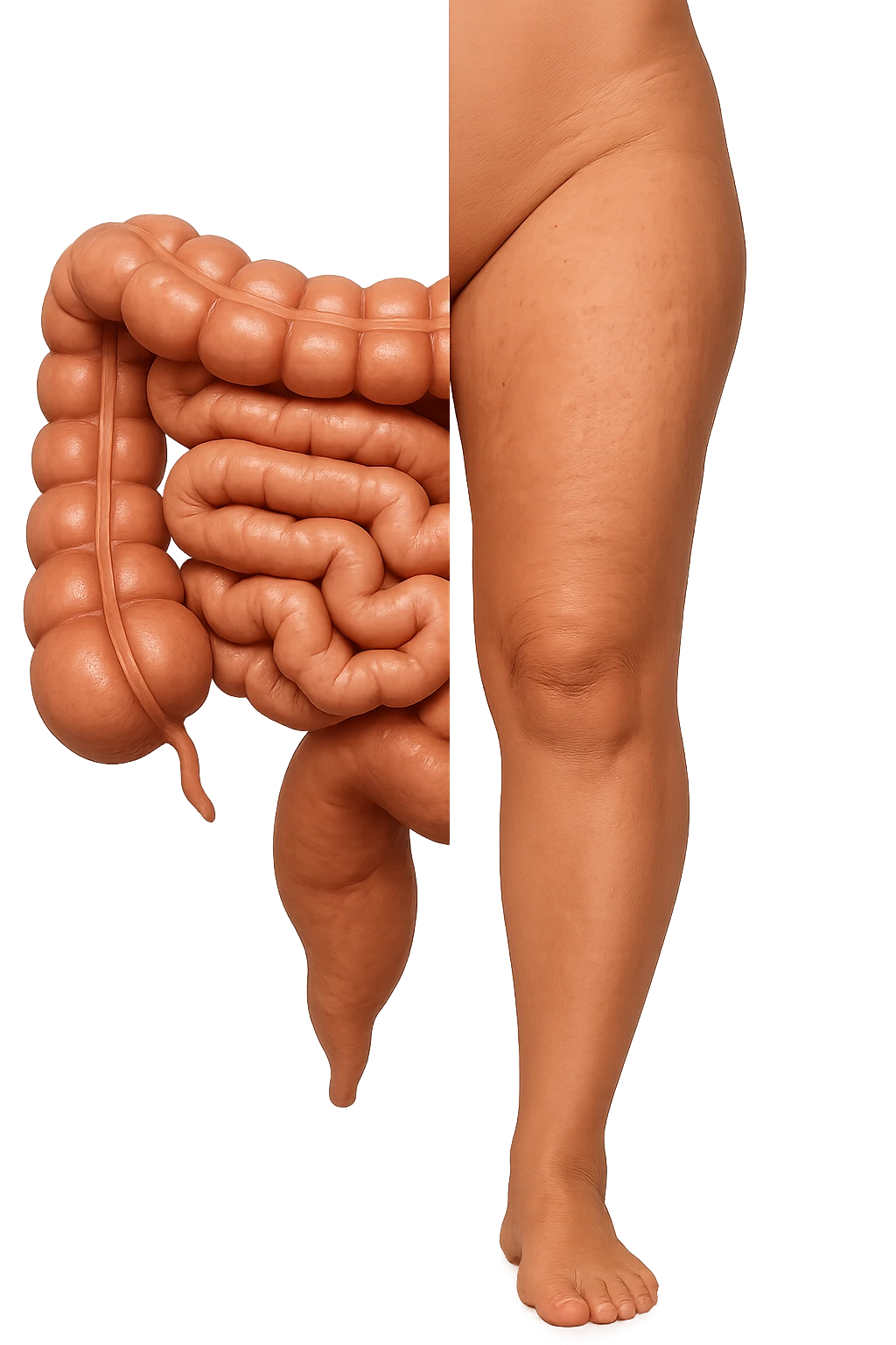 metà immagine: intestino umano anatomico, metà immagine: gambe con buccia d’arancia e cellulite, iperrealistica 4k
 emoji