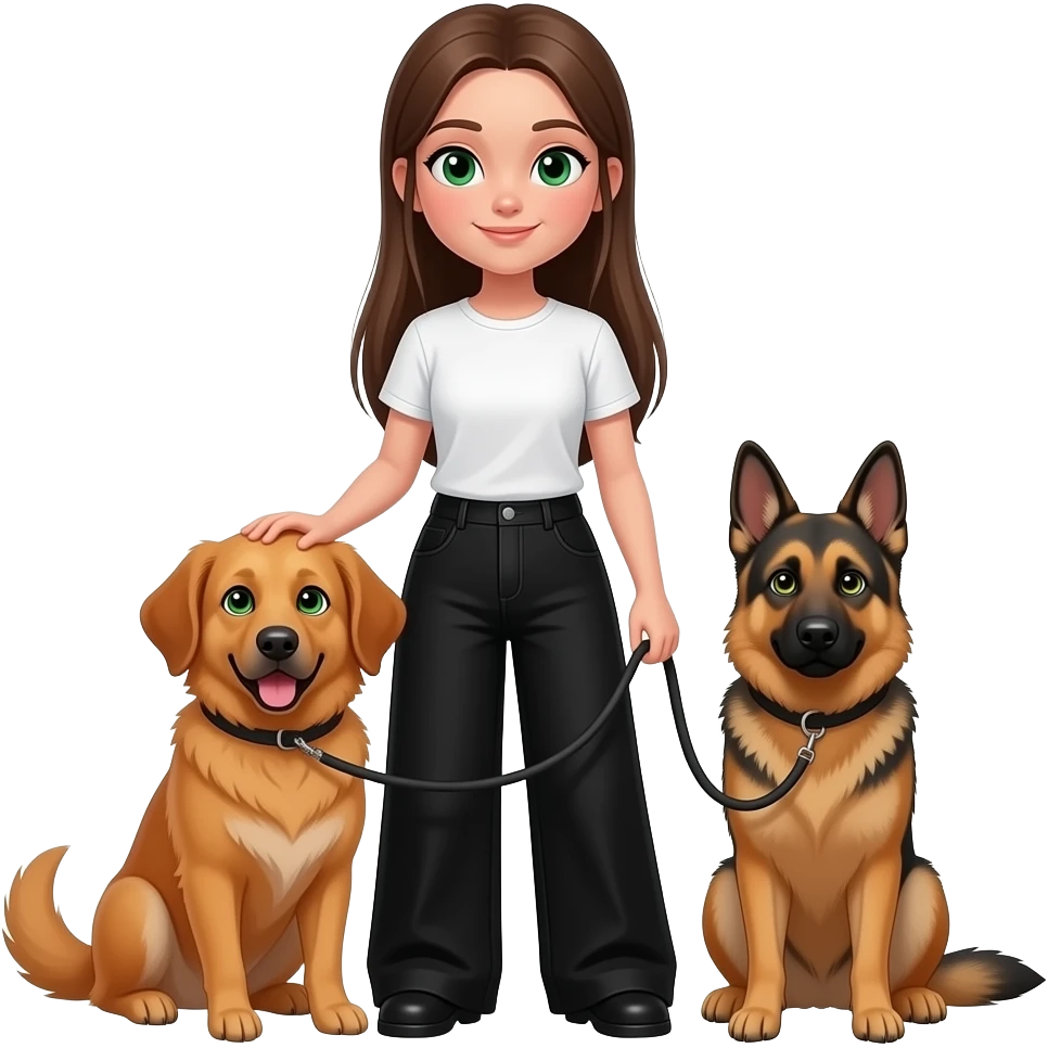 Сделай худую девочку брюнетку прямые длинные волосы темно зеленые глаза в белой футболке она не должна быть длинно и заправленнойв оверсайз черных штанах в руках у нее рыжий кок со светло зелеными глазами и еще у нее в руке поводок черный от немецкой овчарки и ета собака коло девочки emoji