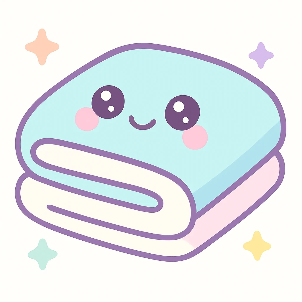 folded pastel white and blue blanket, fluffy and inviting, kawaii pastel style emoji