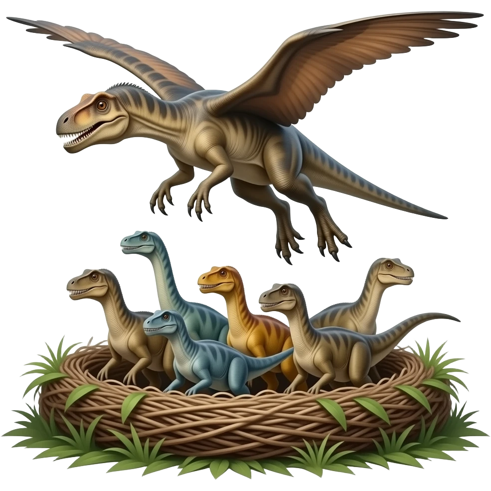 manada de terodactil en su nido realista i la madre volando muy grande la madre emoji