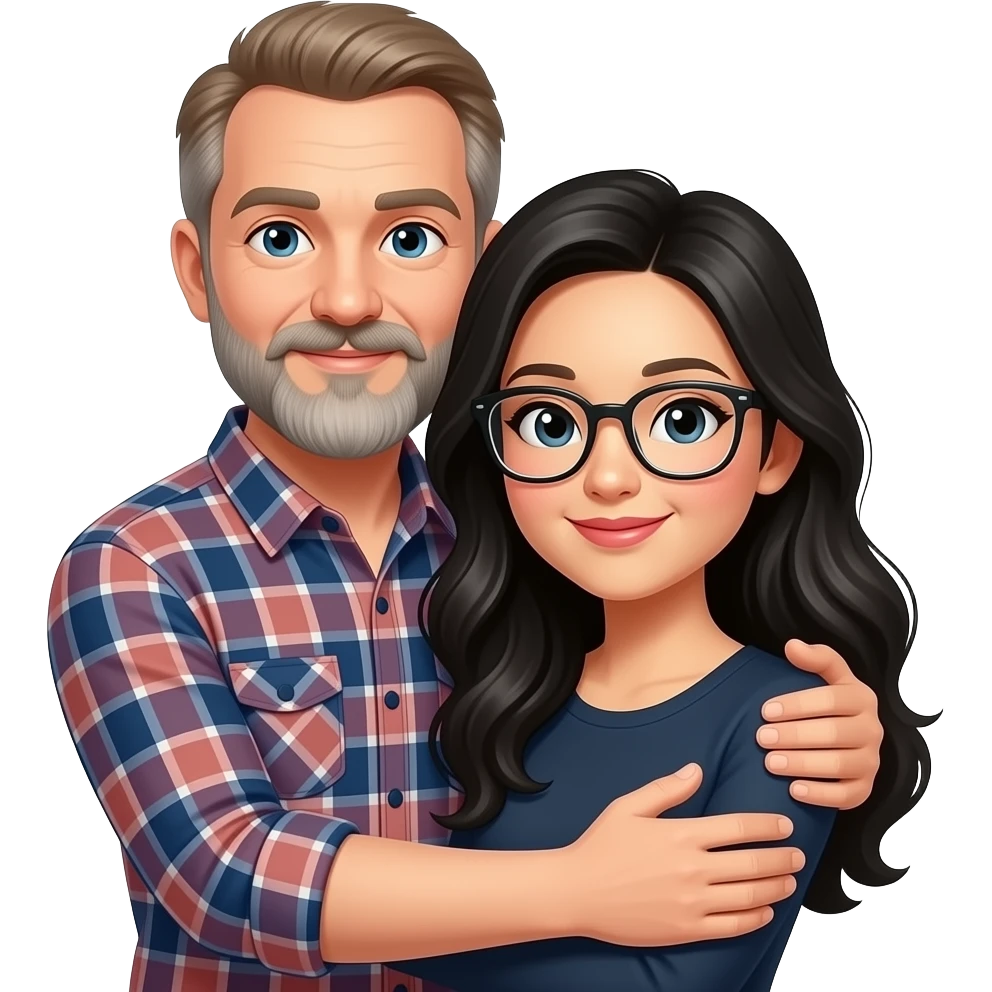 A slim white man with thinning light brown hair, moustache and long graying beard, wearing a plaid flannel long sleeve shirt, embracing a chinese woman with long black wavy hair and glasses emoji