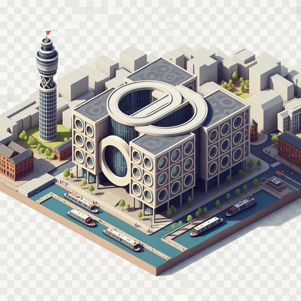 Isometric illustration of Birmingham, photorealistic the Library of Birmingham with its modern architecture, balanced between stylized and realistic, 3D miniature effect, transparent background. emoji