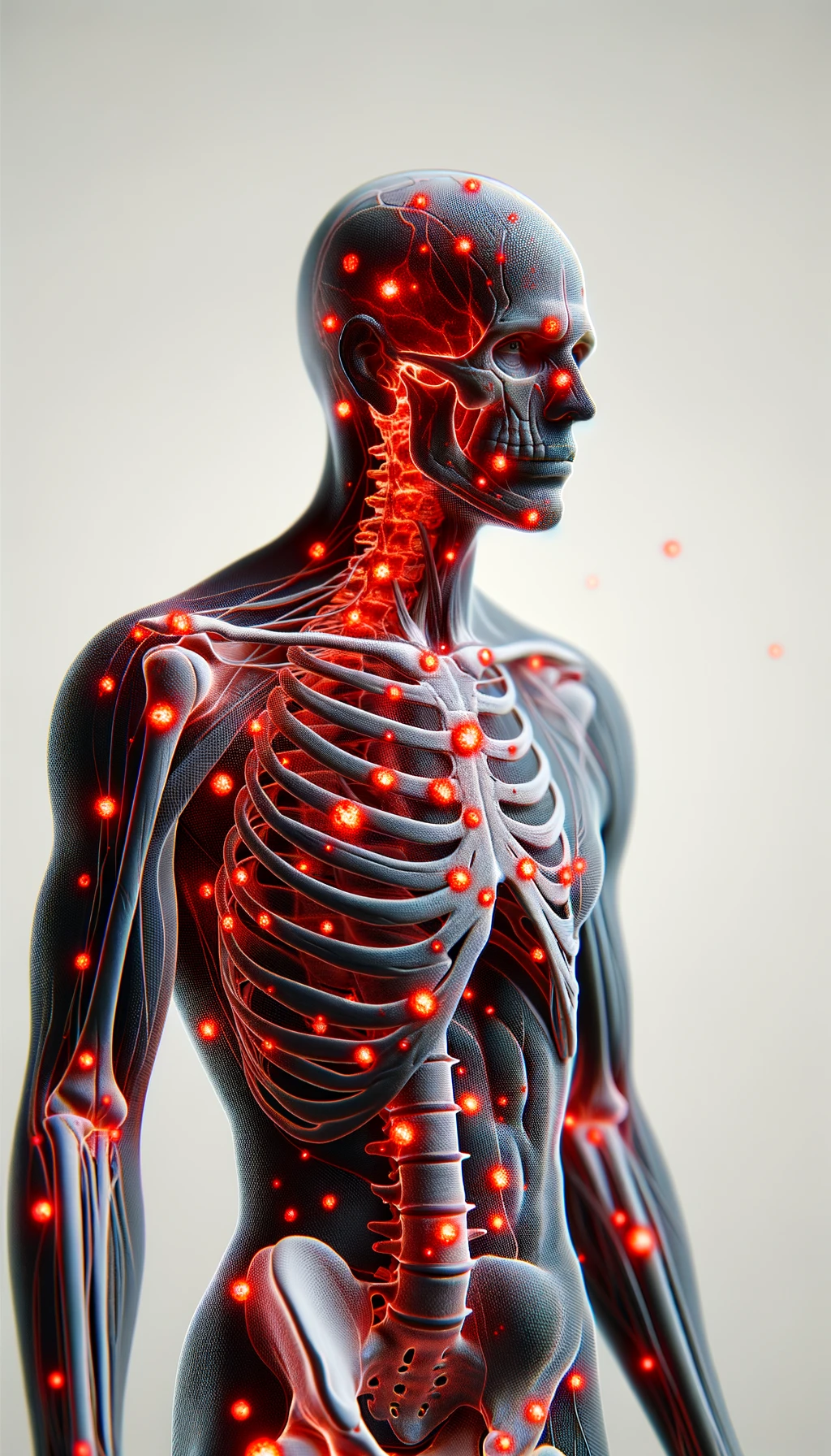 CORPO UMANO ANATOMICO CON RED SPOT DI INFIAMMAZIONE SPARSI SUL CORPO, SFONDO CHIARO, iperrealistico 4k emoji