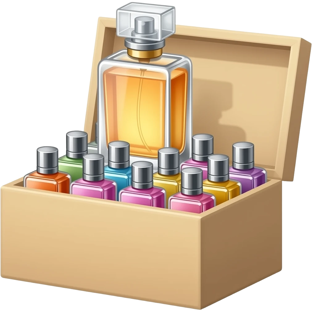 hazme una caja con un perfume principal arriba pero que adentro se vean bastantes mas perfumes emoji