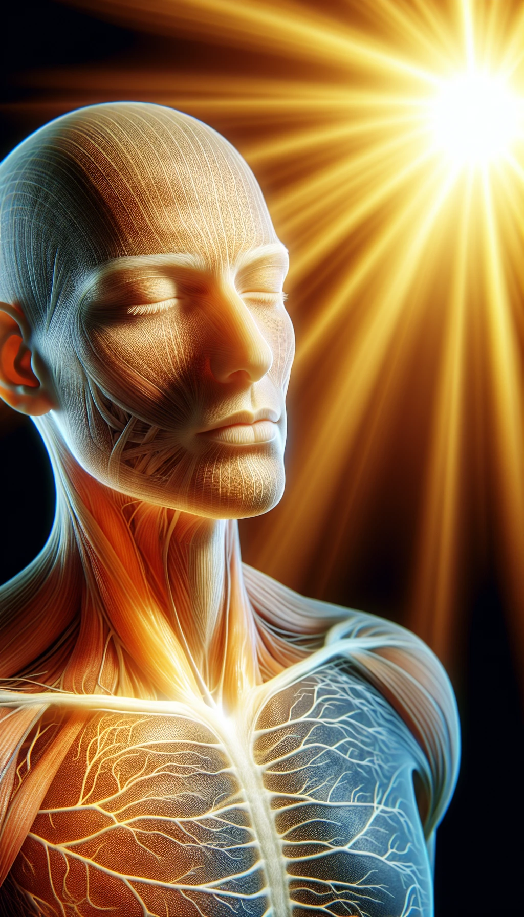 un corpo umano anatomico è illuminato dalla luce del sole e ha gli occhi chiusi in un espressione serena, l'immagine rappresenta l'importanza del sole e i suoi benefici sul corpo umano, iperrealistico 4k emoji
