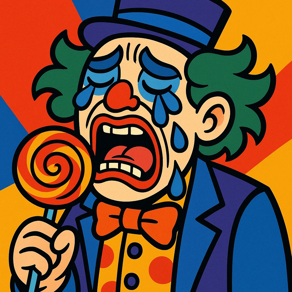 joker character crying and eating a lollipop, expressive, detailed, vibrant colors emoji