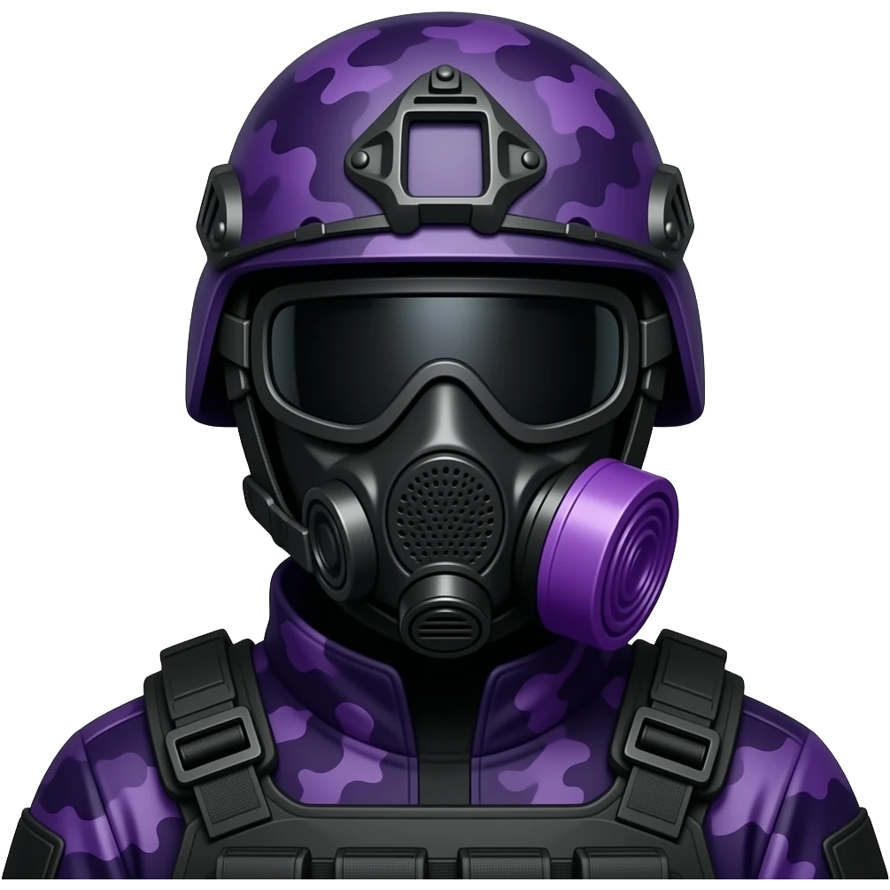 Man with two middle fingers black gogglesin dark purple camoflage tactical gear helmet full face dark purple gasmask emoji