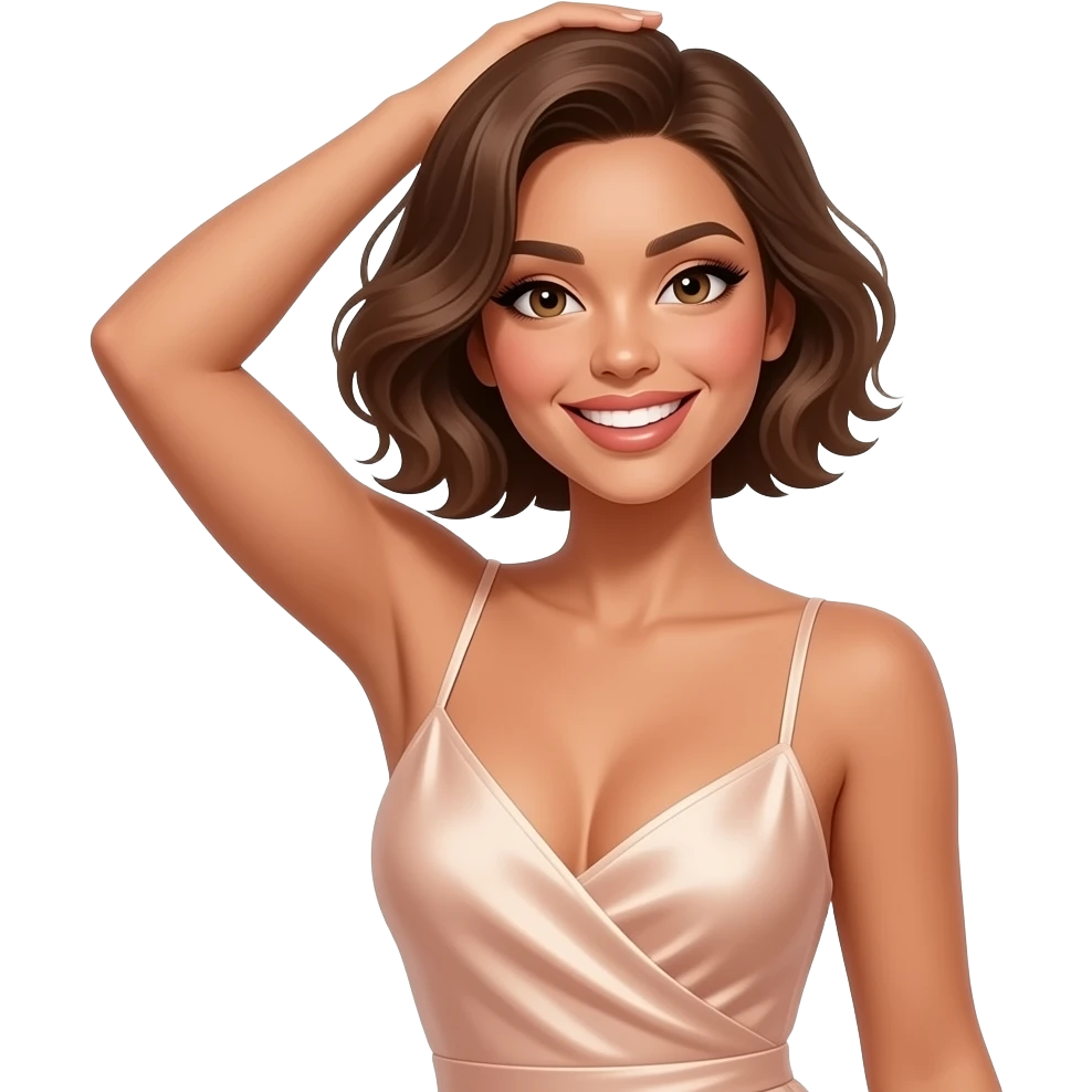 glamours,-tanned,-very-beautiful-woman-with-big-plump-rose-beige-lips,-long-lashes,-honey-silky-very short- hair,-wavy-hair,-hazel-eyes-wearing-nude-strappy-silky-dress-She-Looks-sexy-and-smiling-hand-over-head-waving-From-hips-up emoji