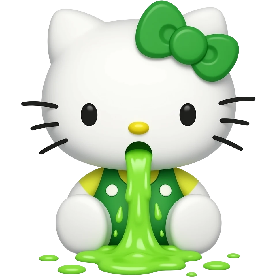 green-white hello kitty is vomiting neon green through her mouth, spewing it out onto the floor at her feet niagara show fuck w finger emoji