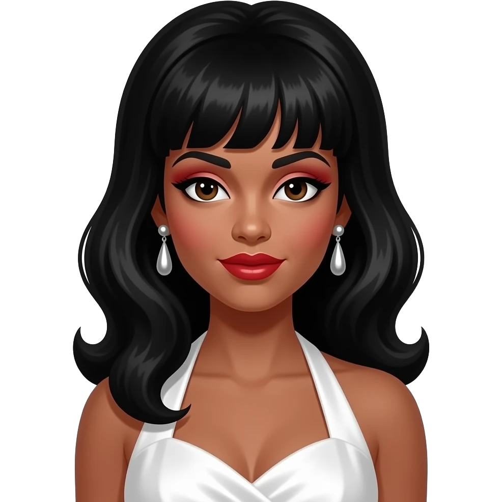 Mary Wells, Motown Singer with dark brown eyes, long black 60s beehive hair, red eyeshadow and lipstick, white silk halter dress, silver earrings emoji