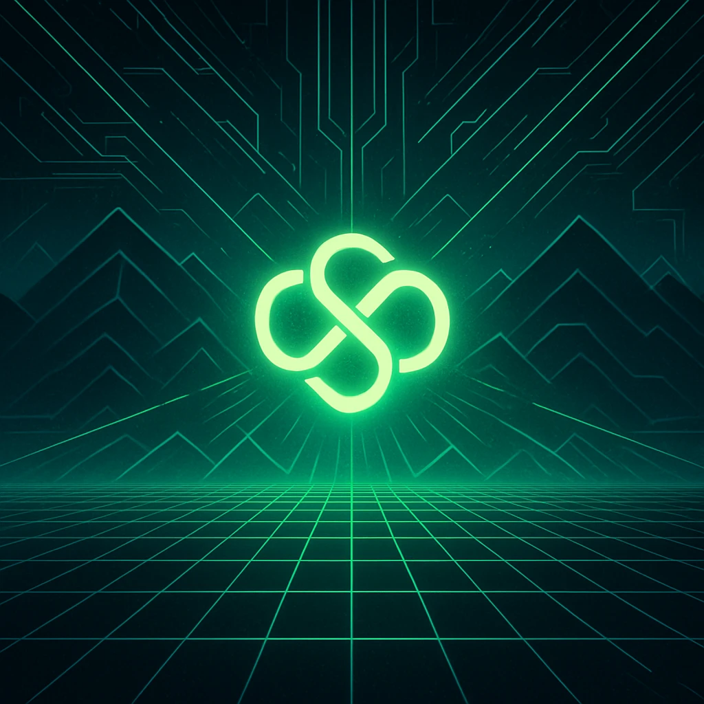 futuristic neon digital artwork with symmetrical layout, central glowing logo resembling an abstract knot or infinity symbol emitting bright green light, background with grid pattern on lower half, upper half with stylized mountain shapes, geometric lines and patterns in green and blue, radiating lines from logo, sense of depth and movement emoji