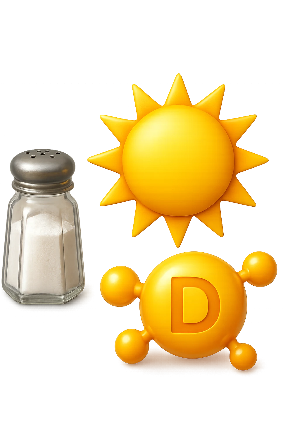 emoji stile iphone di una boccetta di sale, un sole, una particella chimica di VITAMINA D, IPERREALISTICO 4K emoji