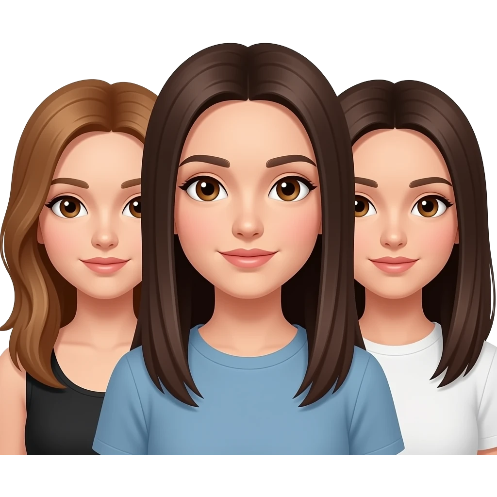 Tres amigas una castaña clarito pelo liso ojos marrones, y las otras dos pelo moreno y liso ojos marrones emoji