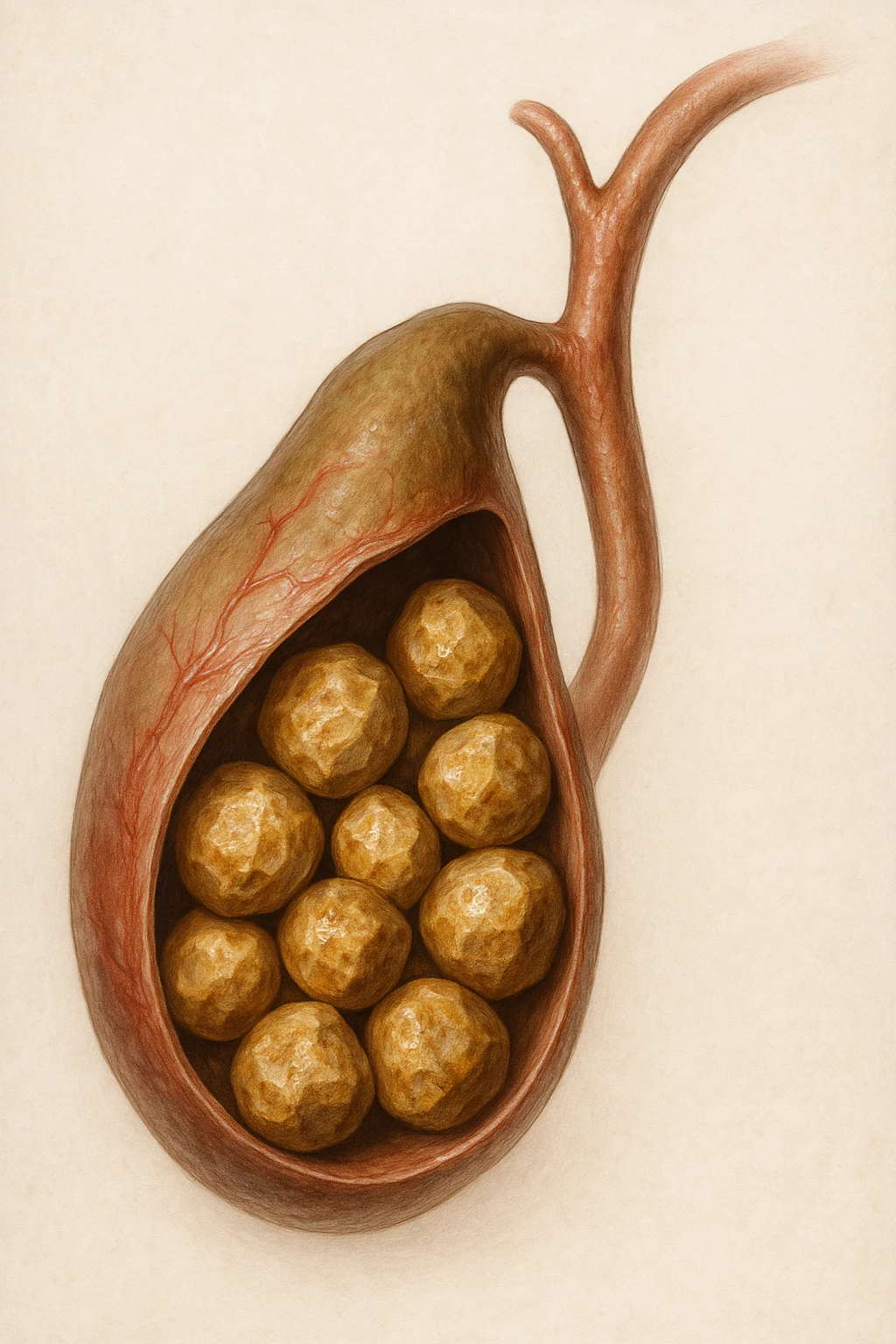 calcoli alla cistifellea anatomica, sfondo neutro chiaro, iperrealistico 4k emoji