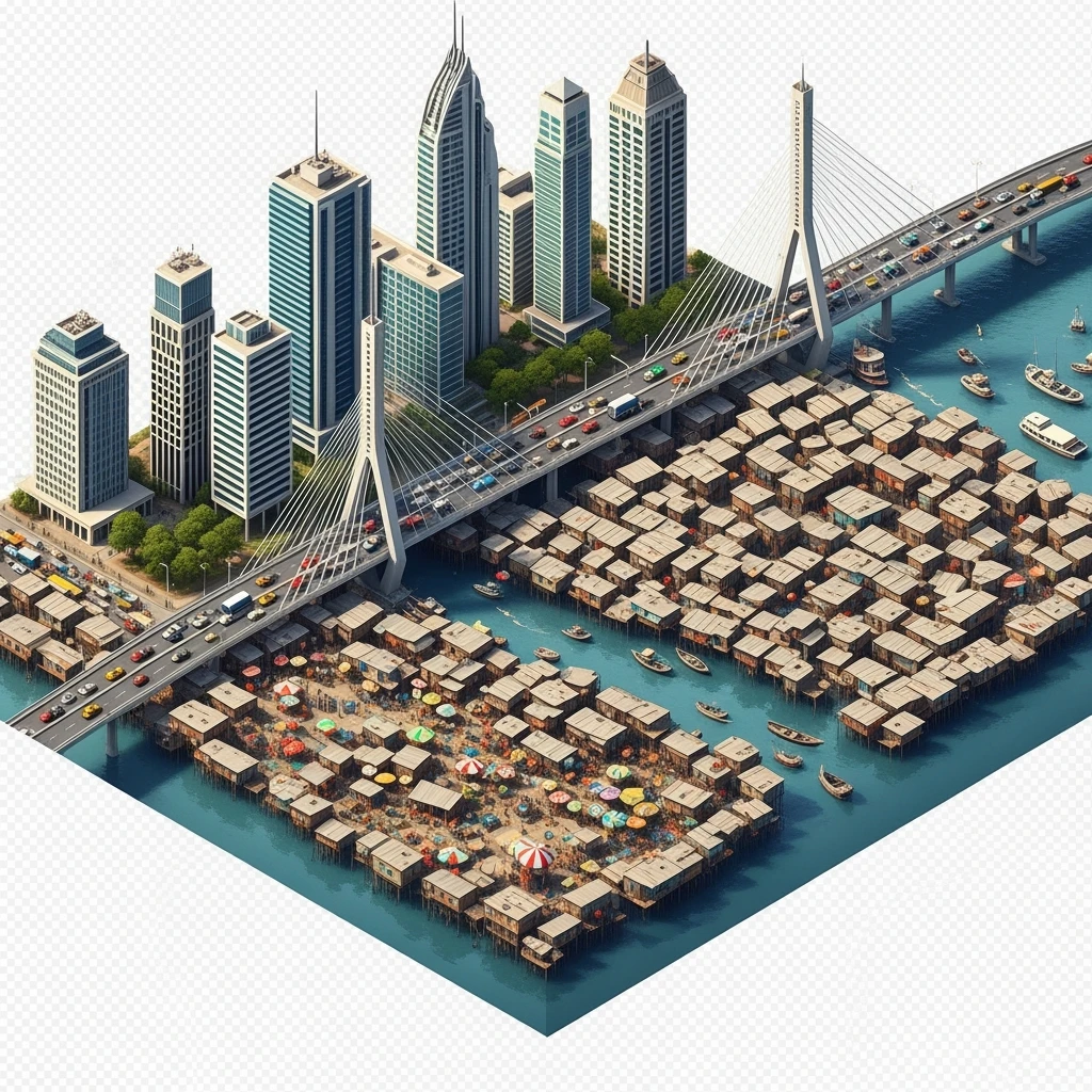 Isometric miniature of Lagos Lekki-Ikoyi Bridge, Eko Atlantic skyscrapers, Makoko slums, tin-roof shacks, chaotic markets, gridlocked traffic, 3D miniature effect and Tilt Shift effect, no cartoonish look, transparent background, don't cut angles emoji