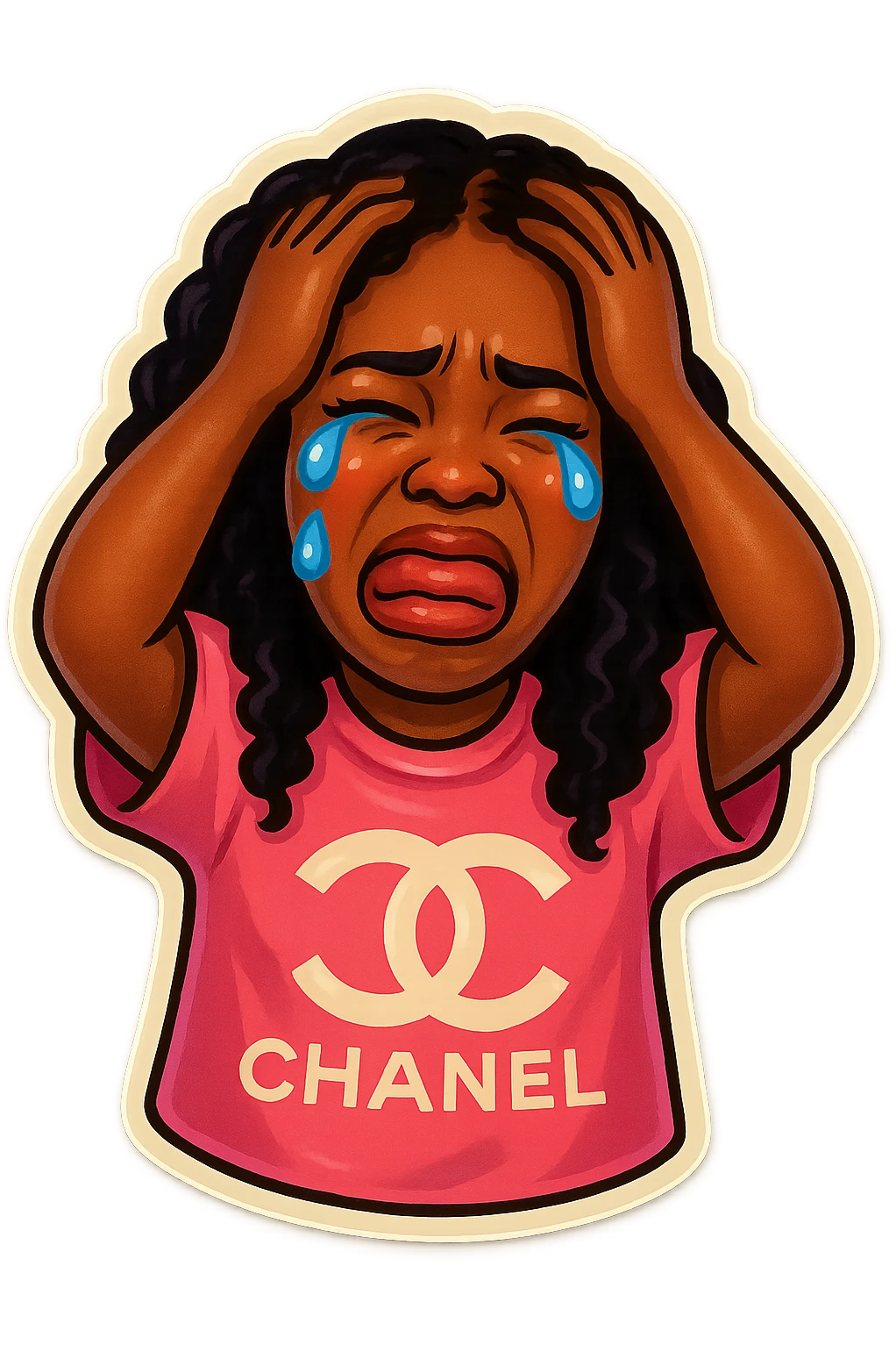  laughing with Tears rolling down face 
Mouth Pout
hands on head 
pink chanel shirt 
head down
 emoji