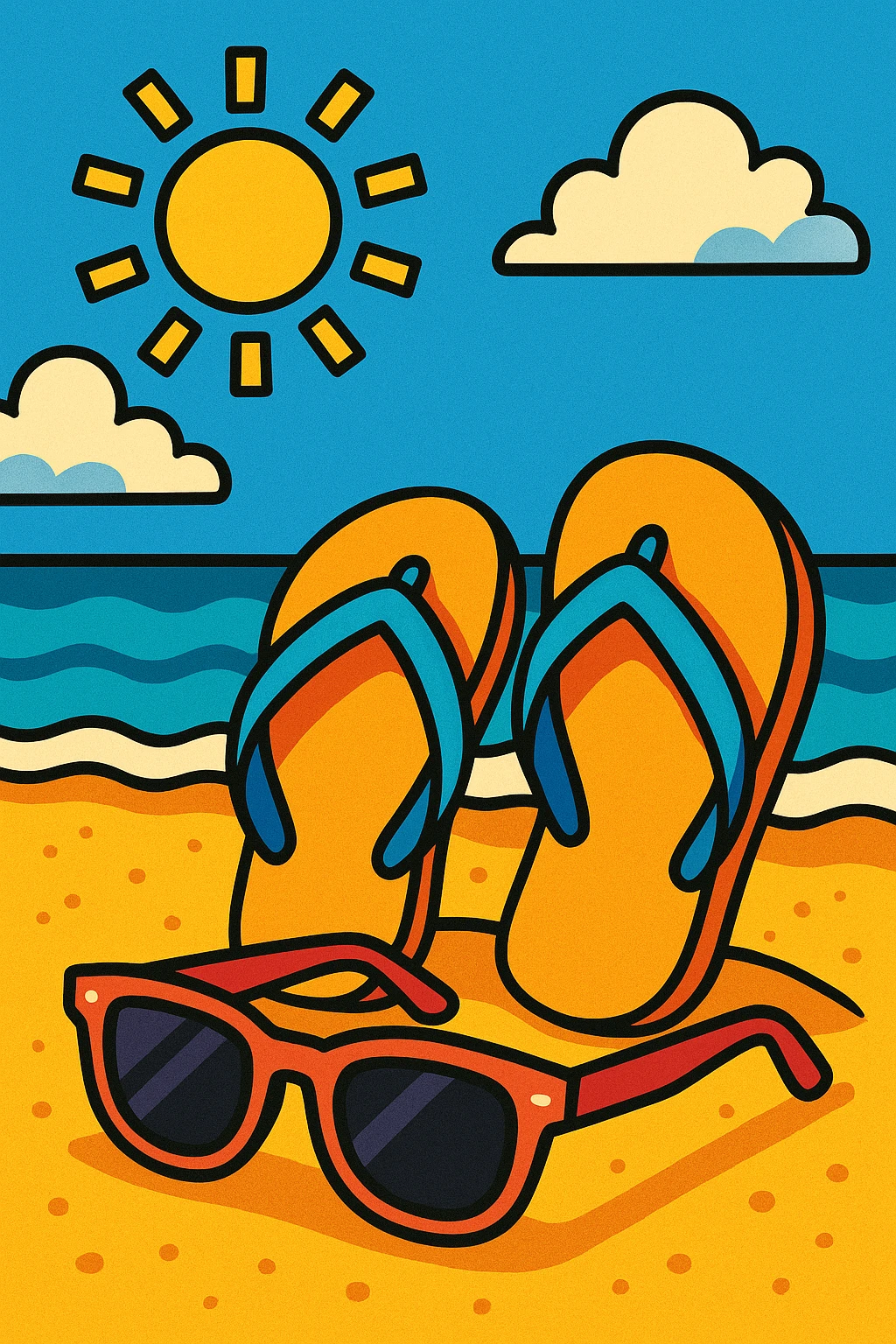 pair of flip-flops and sunglasses on a sunny beach, playful and fun style emoji