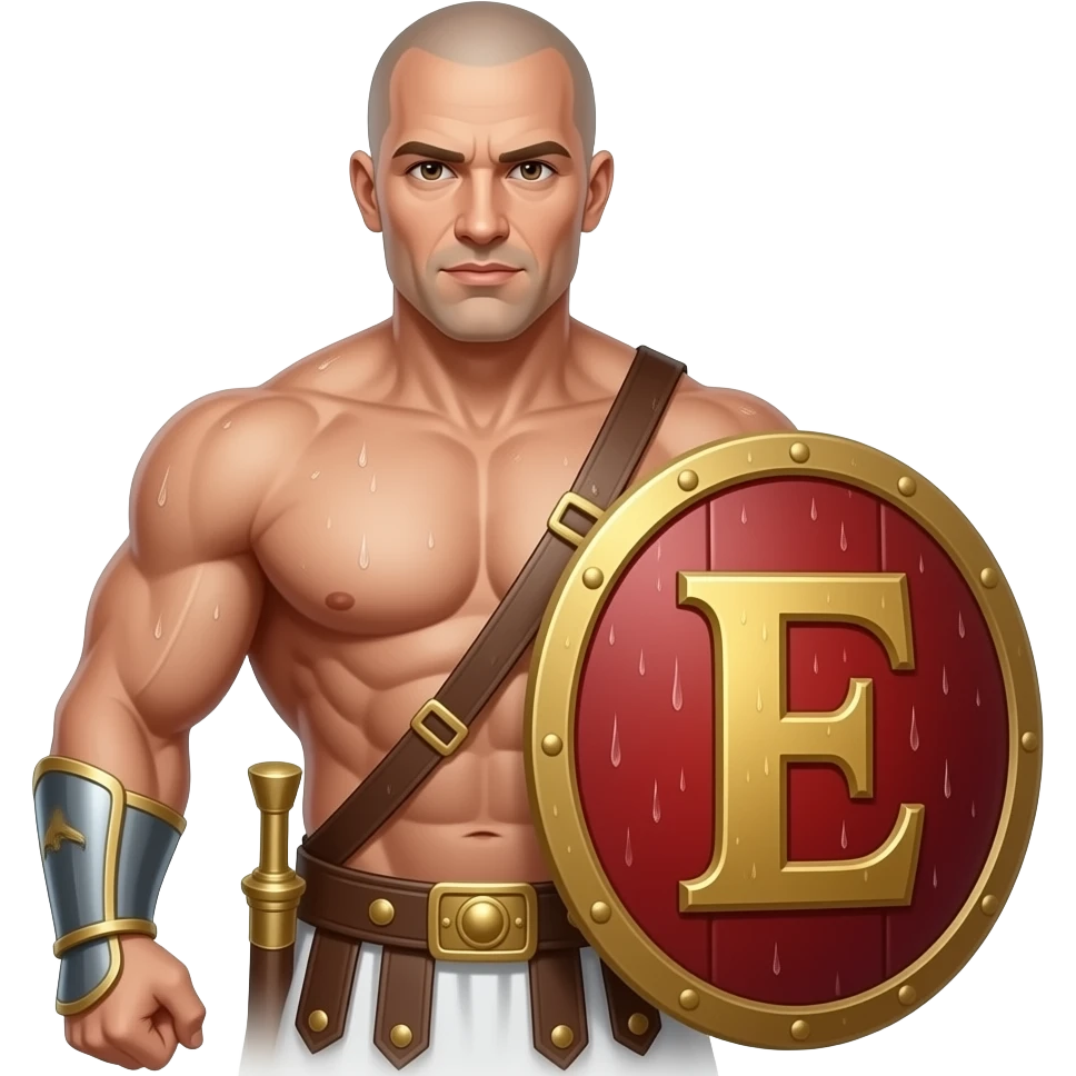 Muscular Roman soldier bald with brown eyes the Letter E on the shield with empress in shower facing away nude bum emoji