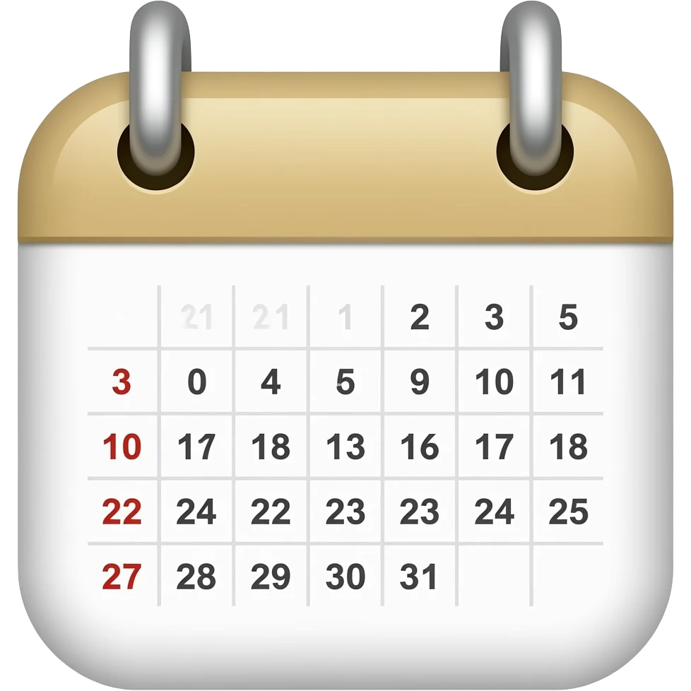 Apple-style calendar emoji, full month grid, top rings, beige and white, minimal, cute, soft shadows emoji