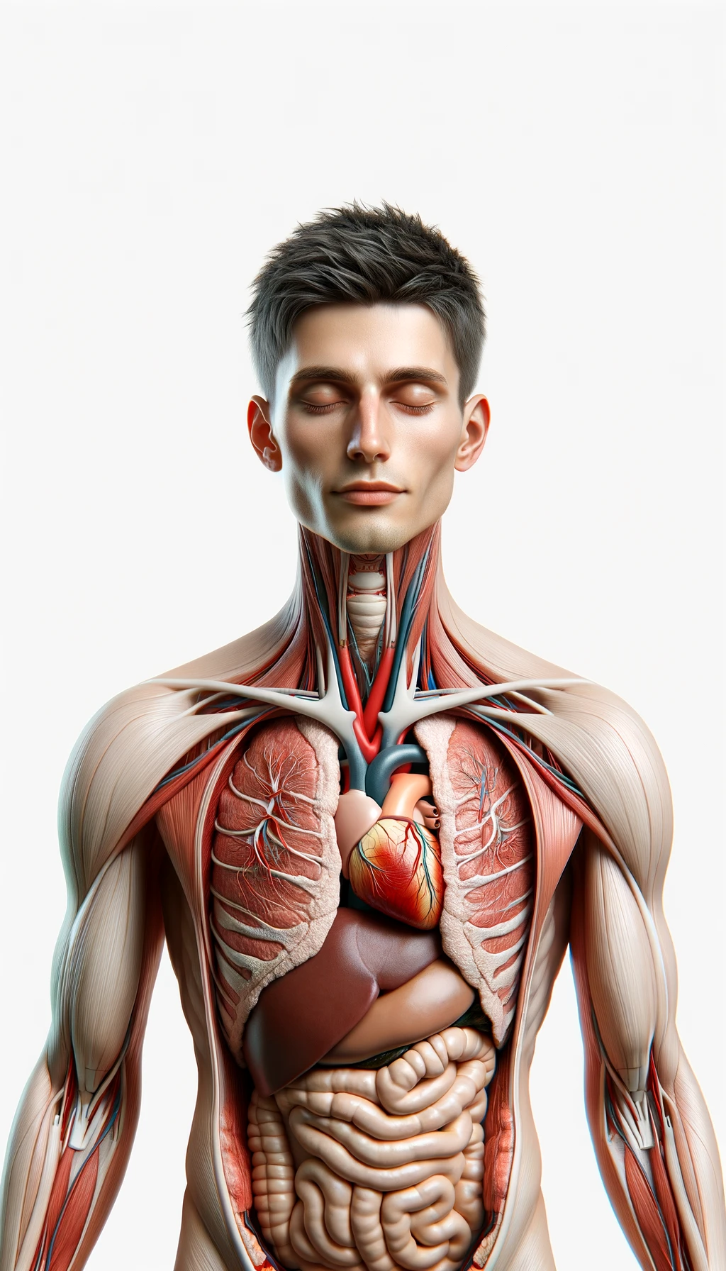 corpo umano anatomico con capelli corti in perfetta salute con gli occhi chiusi ed espressione serena a figura intera fino alle ginocchia, cuore e organi in evidenza, iperrealistica 4k, isolato su sfondo bianco emoji